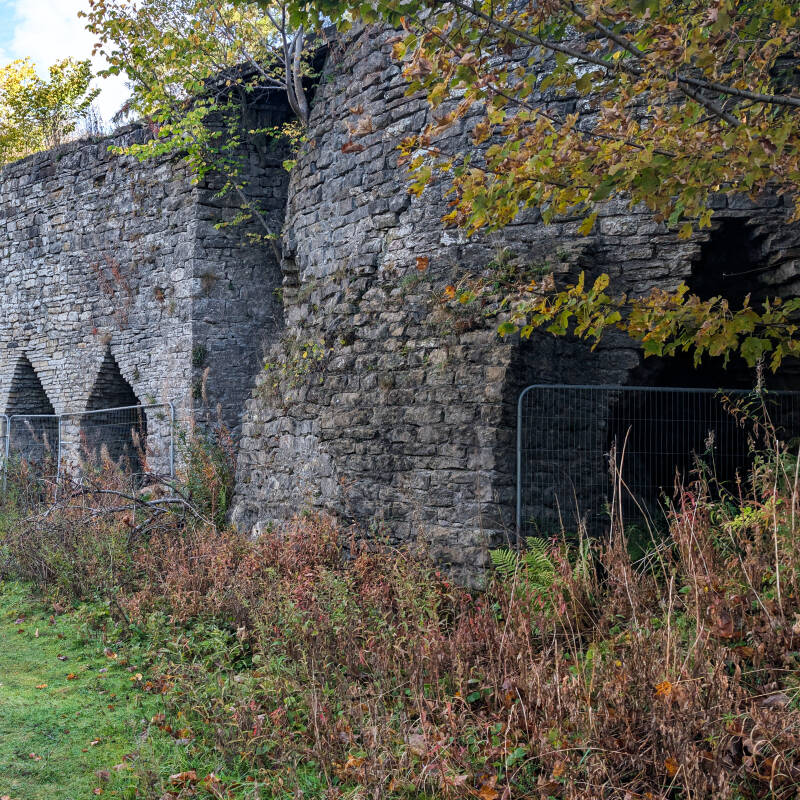 Close view of the different stonework and arches across the surviving Skears Lime Kilns.