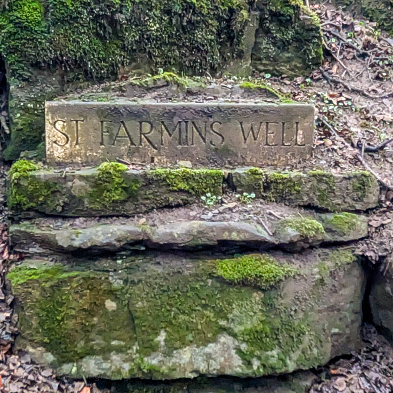 St Farmin's Well carved stone marker beside the River Greta near Bowes