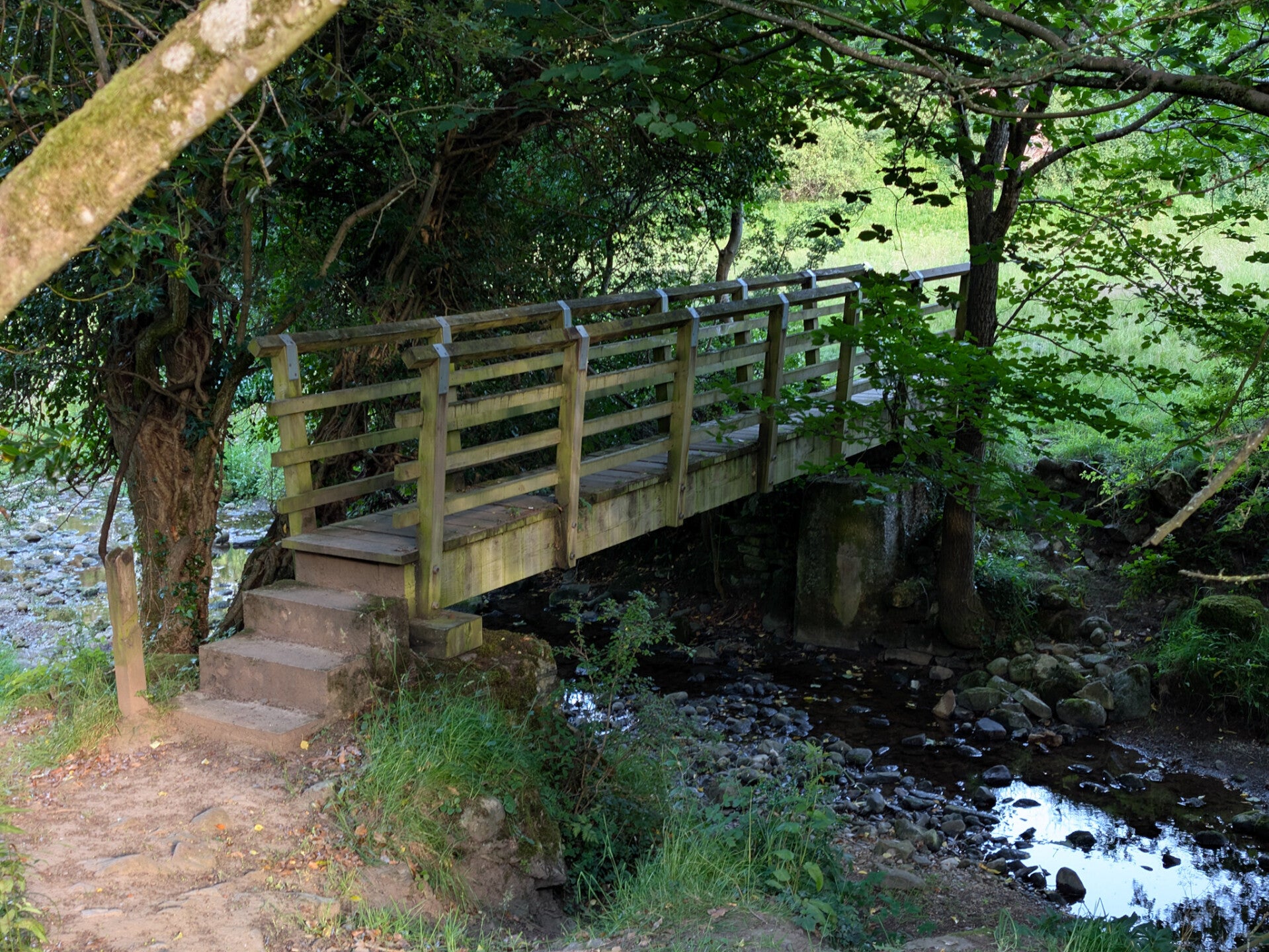 Wooden footbridge crossing Thorsgill Beck on the Thorsgill Wood Walk from Egglestone Abbey near Barnard Castle.