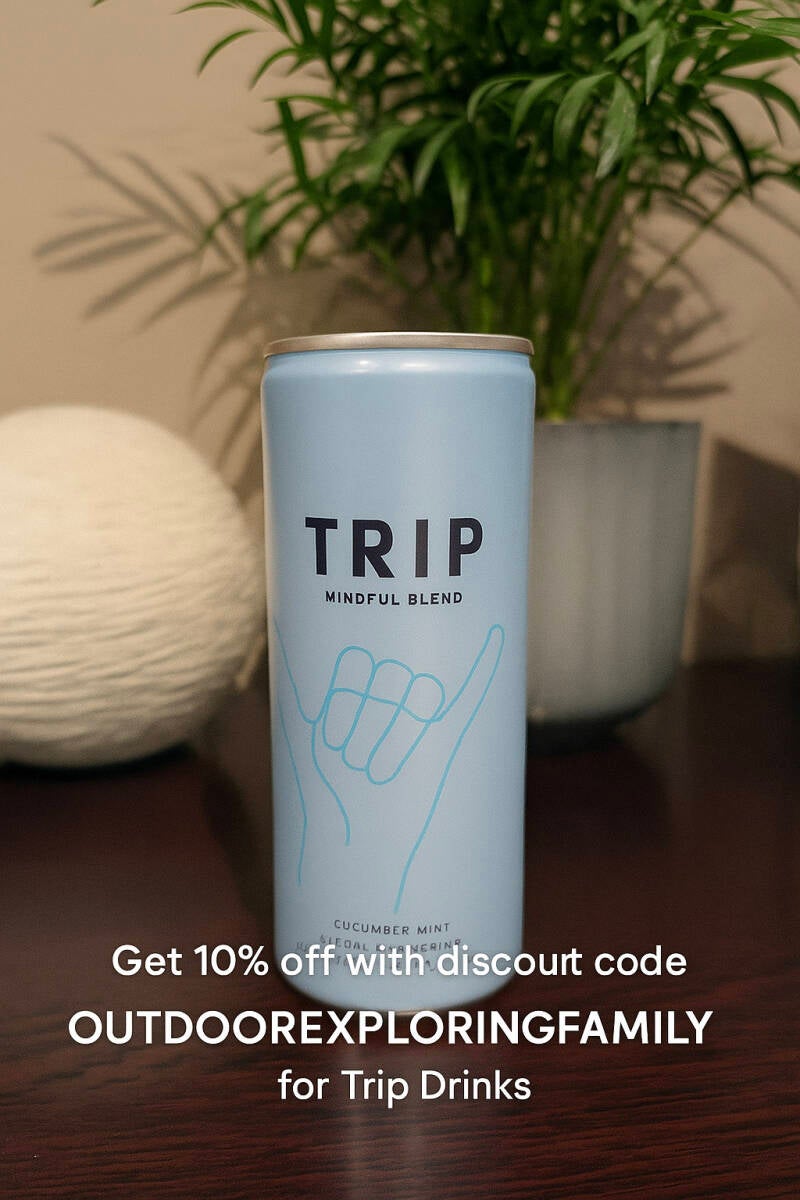 Close up of Trip Drinks can showing sparkling texture and branding – lightly sparkling botanical drink for balanced moments.