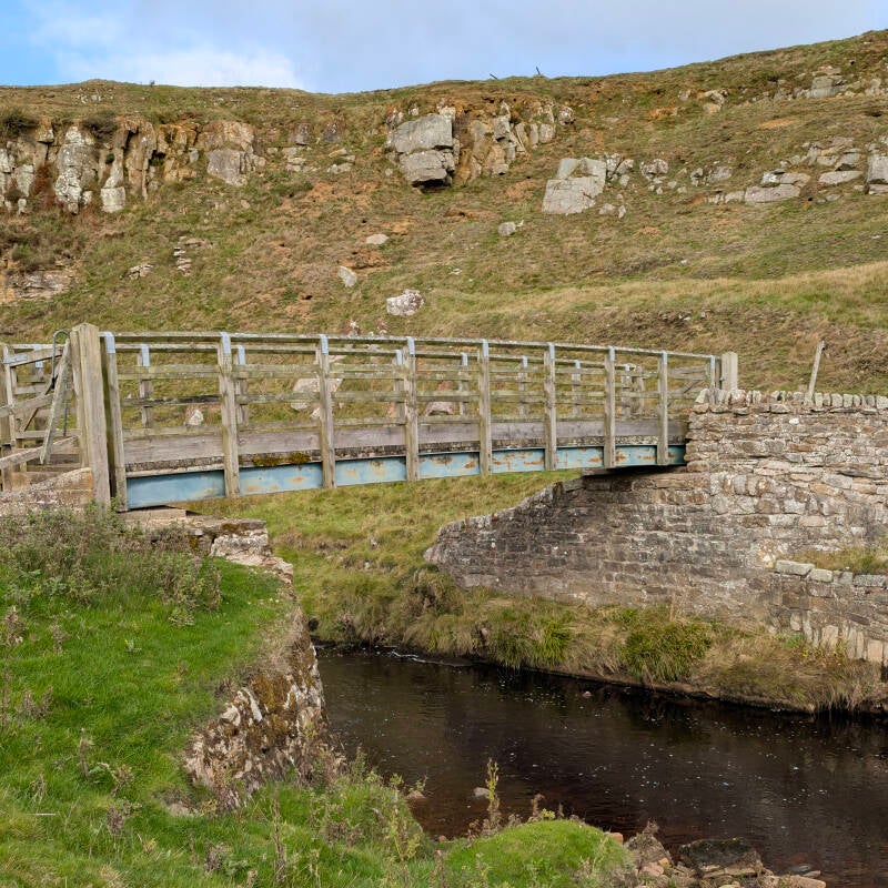 Small wooden footbridge crossing a peaceful beck on the Sleightholme circular walk in Teesdale.