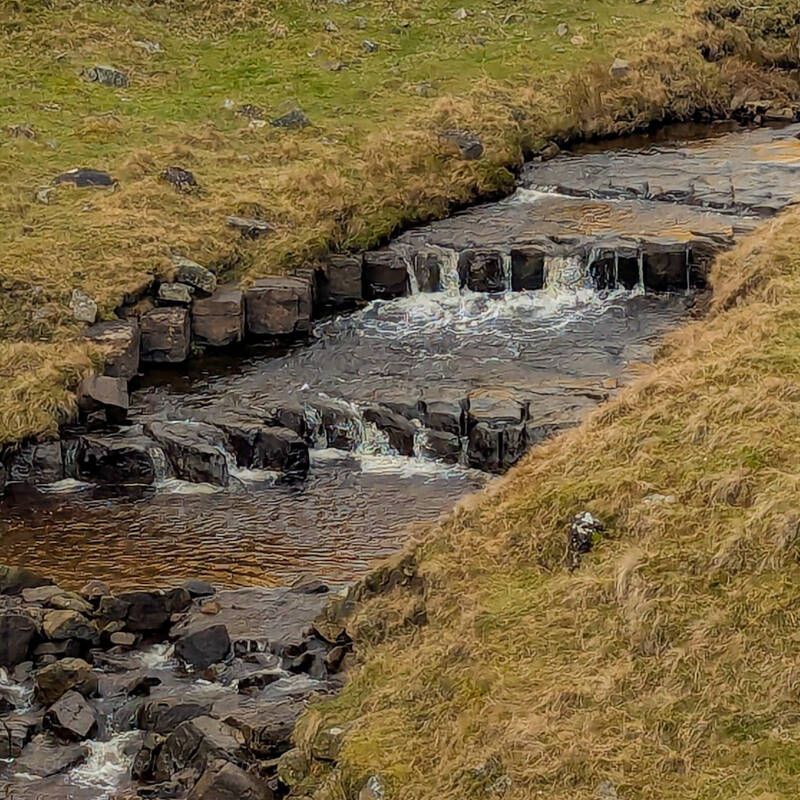 Rocky cascades on Wester Beck near Bowlees in Upper Teesdale with stepping stones and flowing water