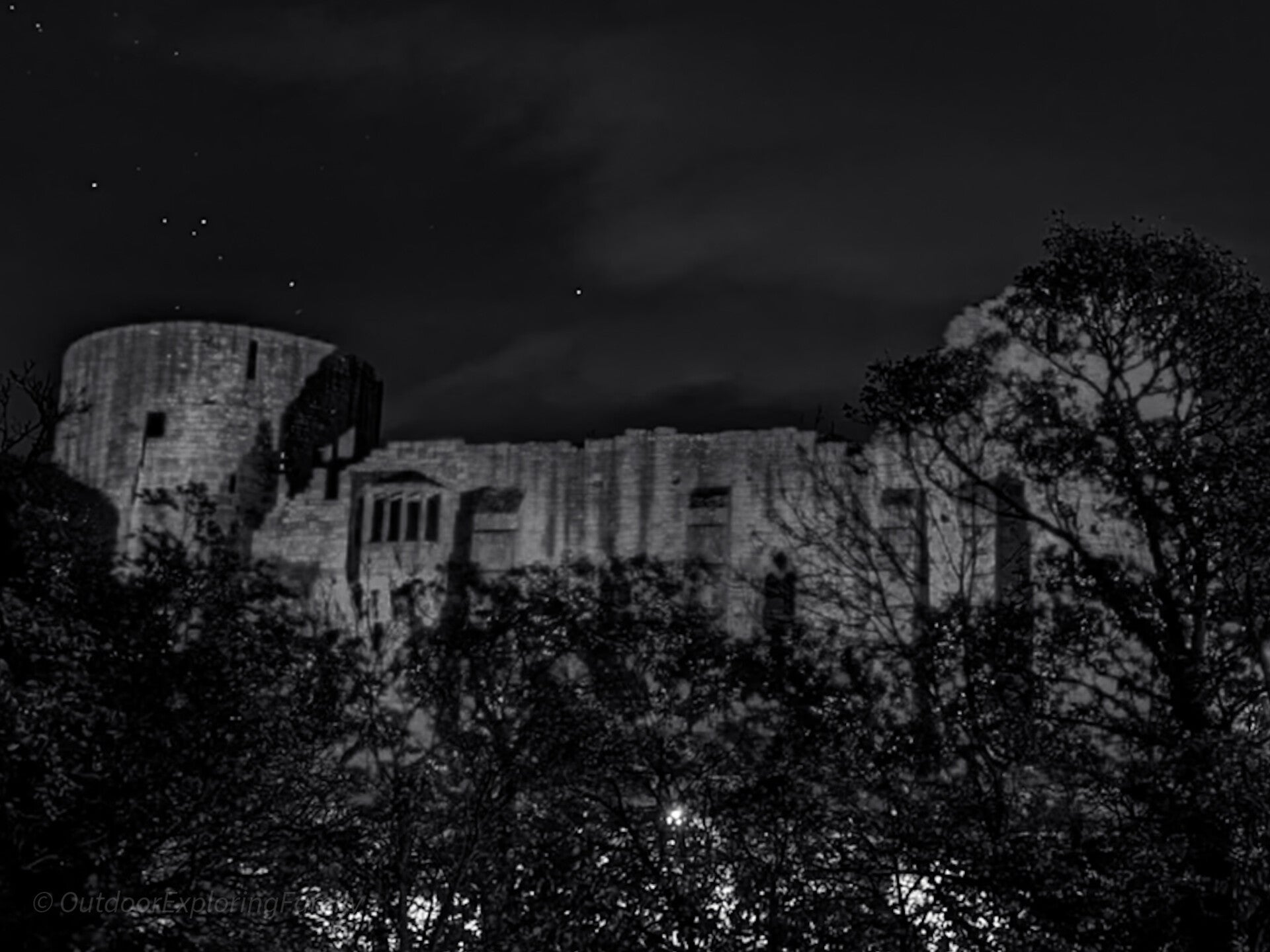 Barnard Castle ruins at night, setting of the Lady Ann Day White Lady ghost story in Teesdale folklore.