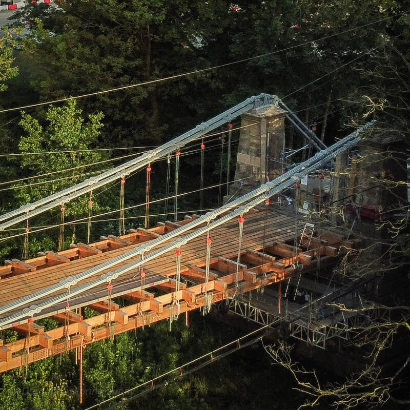 Whorlton Bridge suspension chains and timber deck during restoration