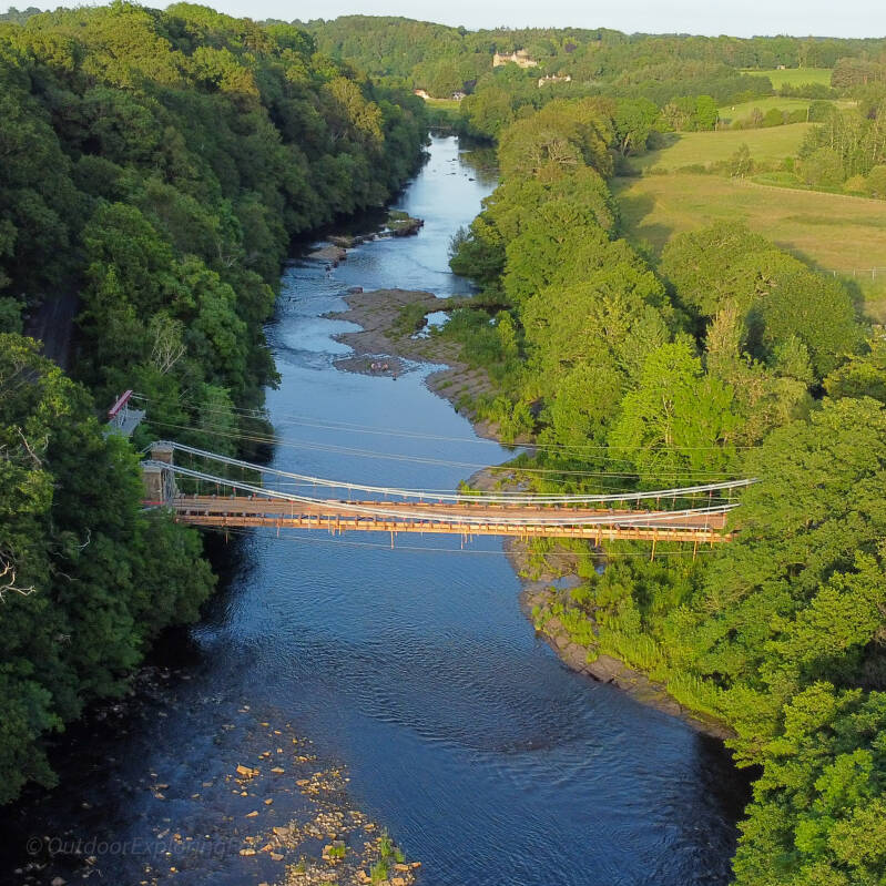 Aerial view of Whorlton Bridge and the River Tees looking downstream towards Wycliffe