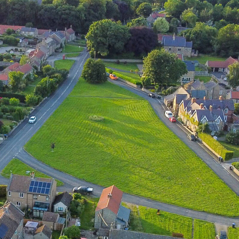 Aerial view of Whorlton village green in Teesdale, the starting point for the Whorlton Riverside Walk