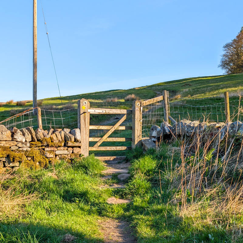 Wooden gate at start of Bowlees short circular walk leading from visitor centre into open fields