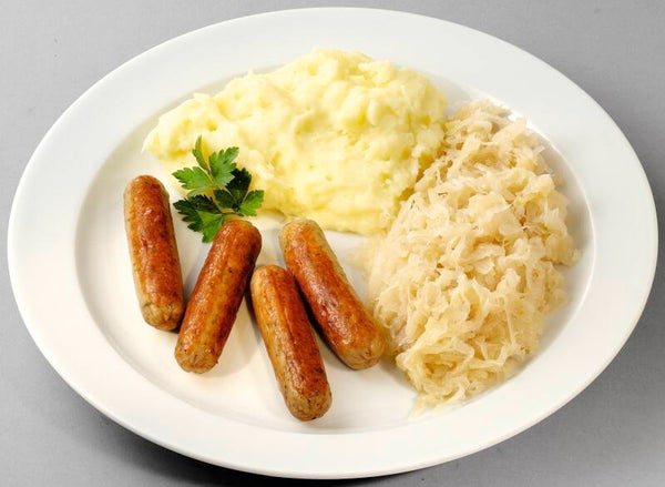 23021 Rostbratwürstchen „Fränkische Art“  vom Schwein auf Sauerkraut mit Kartoffelpüree                       -Glutenfrei