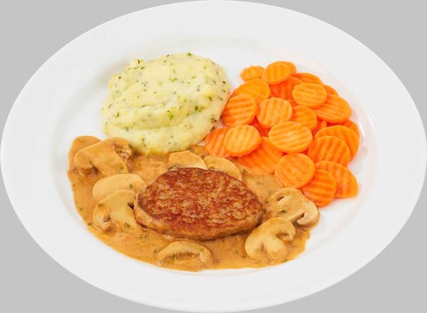 93022 Jägerfrikadelle vom Schwein in  Champignonsoße mit Möhrengemüse und Stampfkartoffeln
