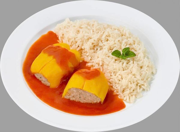 23026 Paprikaschote mit Hackfleischfüllung  vom Schwein in Tomatensoße mit Langkornreis                       -Laktosefrei