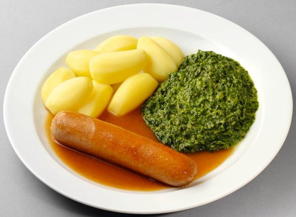 23069 Feine Bratwurst vom Schwein in Soße mit Rahmspinat und Salzkartoffeln                        -Glutenfrei