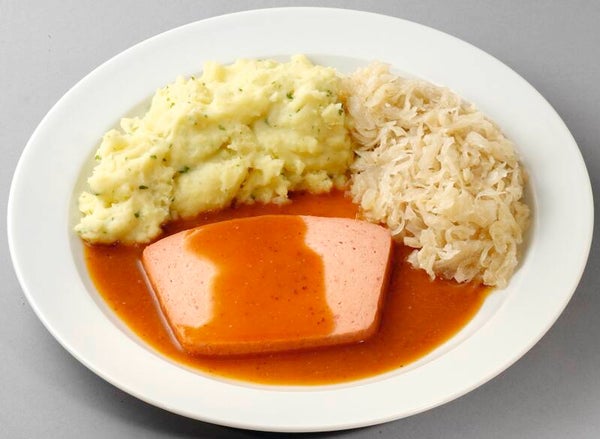 23085 Klassischer Leberkäse vom Rind und  Schwein mit kräftiger Bratensoße, dazu Sauerkraut und Stampfkartoffeln                            -Glutenfrei-
