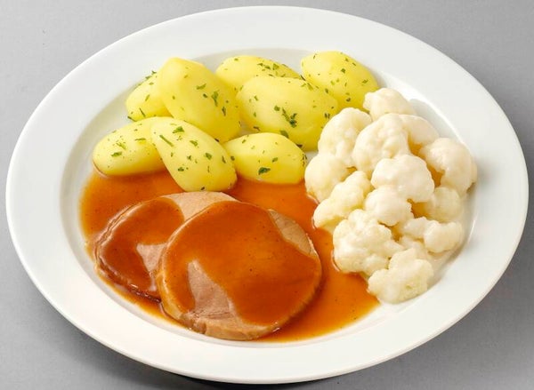 23158 Schweinebraten „Altdeutsche Art“ mit Blumenkohl in Soße und Petersilienkartoffeln                   -Glutenfrei