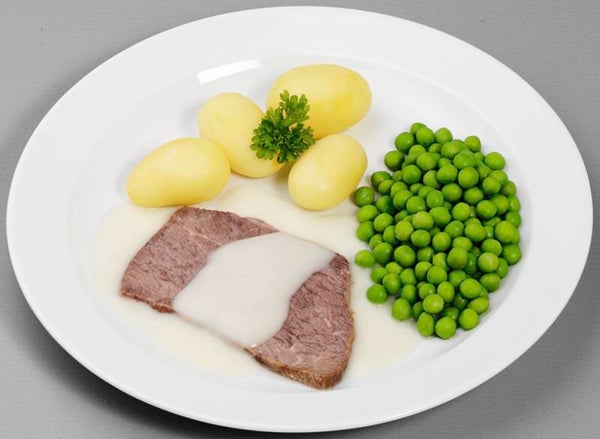 93206 Rindfleisch in Meerrettichsoße dazu Erbsen „naturell“ und Salzkartoffeln