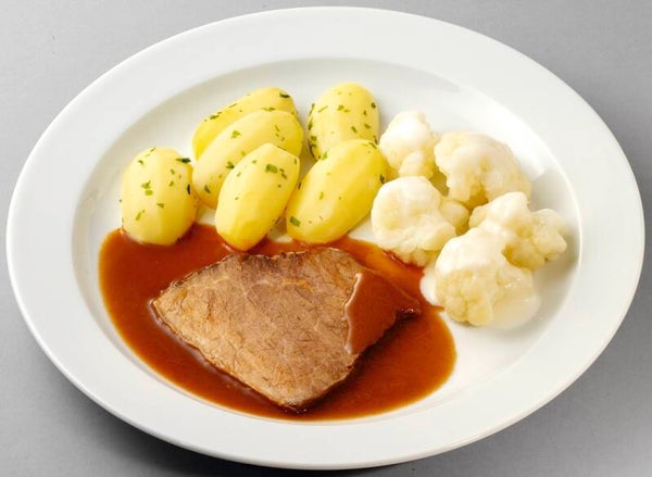 93231 Zarter Rinderbraten in kräftiger Bratensoße mit Blumenkohl in Soße  und Petersilienkartoffeln
