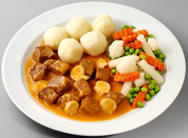 23263 Zartes Gulasch vom Rind in Champignonsoße, dazu Gemüse „Leipziger  Allerlei“ und Kartoffelklöße                  -Glutenfrei