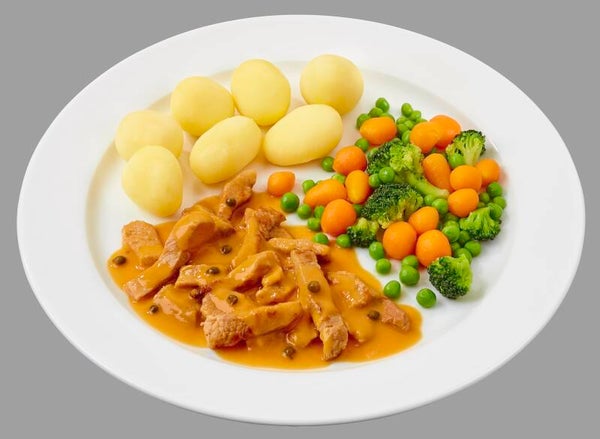 23320 Zartes Kalbsgeschnetzeltes in Pfefferrahmsoße mit buntem Gemüse und Salzkartoffeln