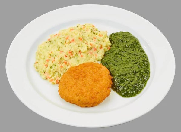 43415 Gebratene Fischfrikadelle dazu Rahmspinat und Frühlingspüree