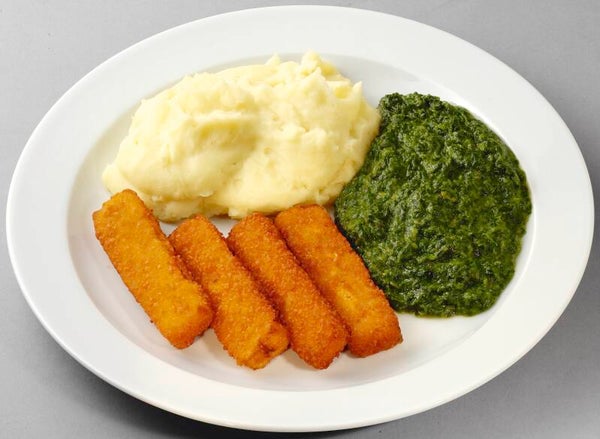 43429 Gebackene Fischstäbchen mit Rahmspinat und Kartoffelpüree