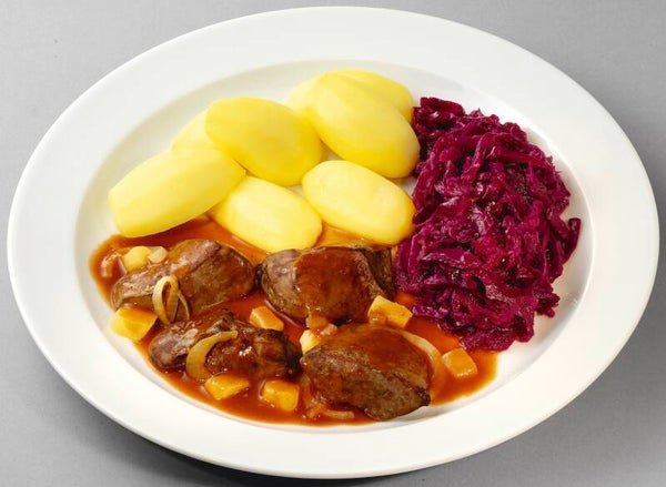 33445 Gebratene Geflügelleber in Apfel-Zwiebel-Soße mit Rotkohl und Salzkartoffeln                                   -Laktosefrei