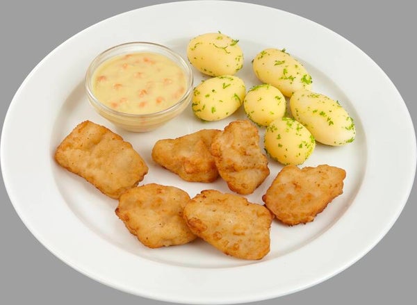 43462 Panierte Alaska-Seelachshappen dazu Petersilienkartoffeln mit würzigem Dip