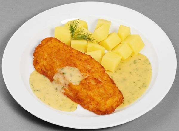 43472 Panierter Alaska-Seelachs in Senf-Kräutersoße, dazu Kartoffelwürfel