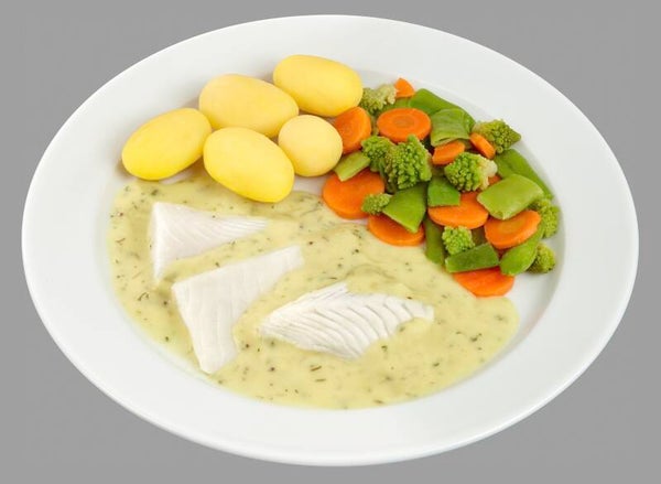 43494 Geschnittene Filets vom Buntbarsch in  Senf-Honig-Soße dazu eine Gemüsemischung mit Bohnen, Möhren und Romanesco und Salzkartoffeln                     -Glutenfrei