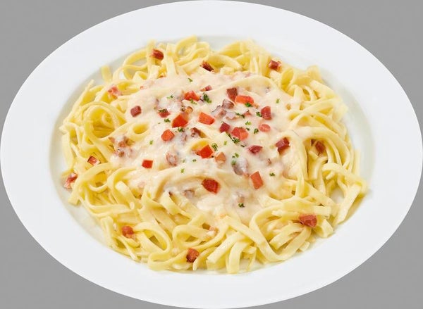 66507 Bandnudeln Carbonara mit geräuchertem Speck in Käsesoße