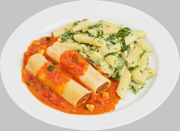 53577 Pasta Duett Cannelloni gefüllt mit Rinderhackfleisch in Tomaten-Sahne-Soße und Penne in Käse-Spinat-Soße