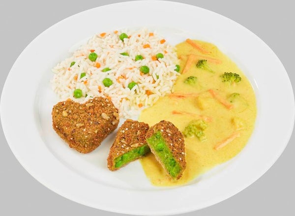 63592 Erbsentaler in Mehrsaatenpanade dazu eine cremige Curry-Soße und Gemüsereis