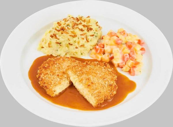 63593 Kohlrabi-Pastinaken-Schnitzel in Haferflockenpanade mit dunkler Soße, dazu Rübengemüse und Zwiebel-Kartoffelstampf