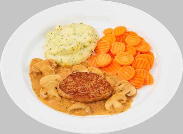 66022 Jägerfrikadelle vom Schwein in Champignonsoße mit Möhrengemüse und Stampfkartoffeln