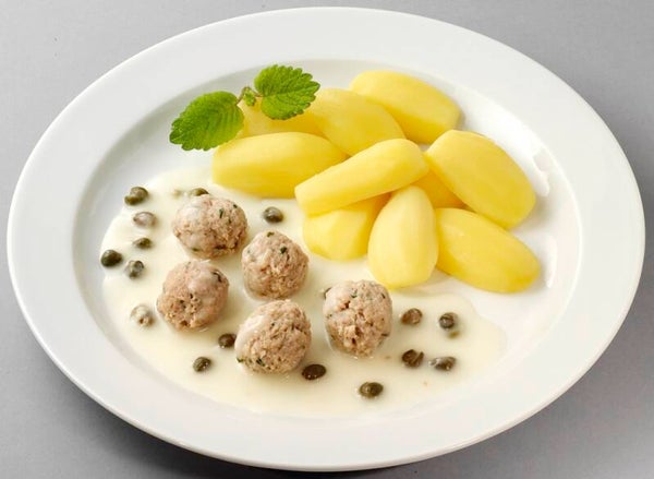 66040 Klopse „Königsberger Art“ vom Rind und Schwein in Kapernsoße mit Salzkartoffeln