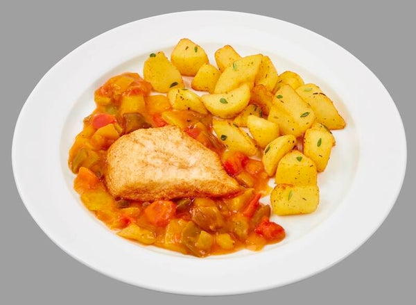 33759 Zarte Hähnchenbrust auf buntem Paprikagemüse und würzigen  Kräuterkartoffeln                                         -Laktosefrei, Glutenfrei-