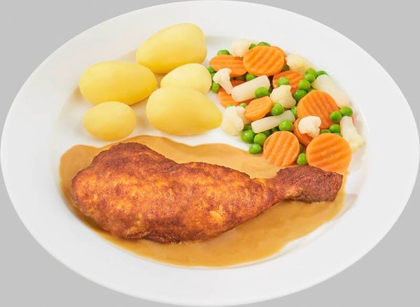 33765 Gegrillte Hähnchenkeule „Königin Art“ in einer feinen Soße mit Gemüse „Leipziger  Allerlei“ und Salzkartoffeln