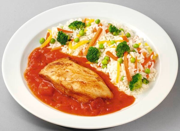 33798 Hähnchenbrust in fruchtiger Tomaten-Balsamico-Soße, dazu Gemüsereis                                           -Laktosefrei, Glutenfrei-