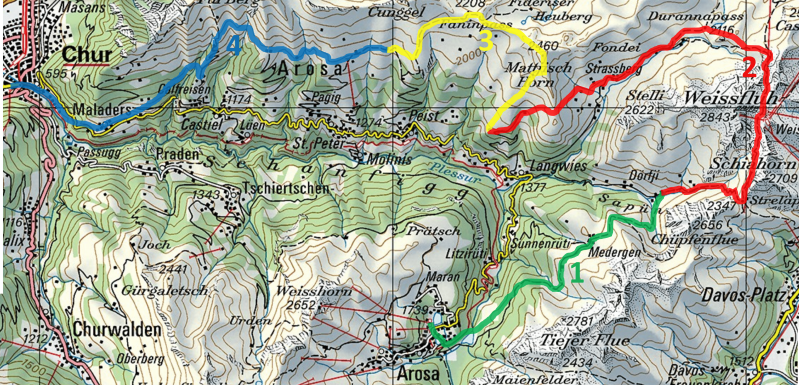 Karte Schanfigger Höhenweg Hüttentour Graubünden