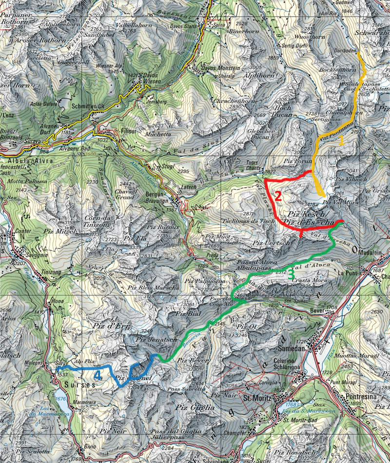 Karte Hüttentour Graubünden Dürrboden - Sur