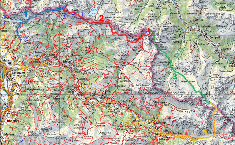 Karte Hüttentour Prättigau / Montafon: Malans - Klosters