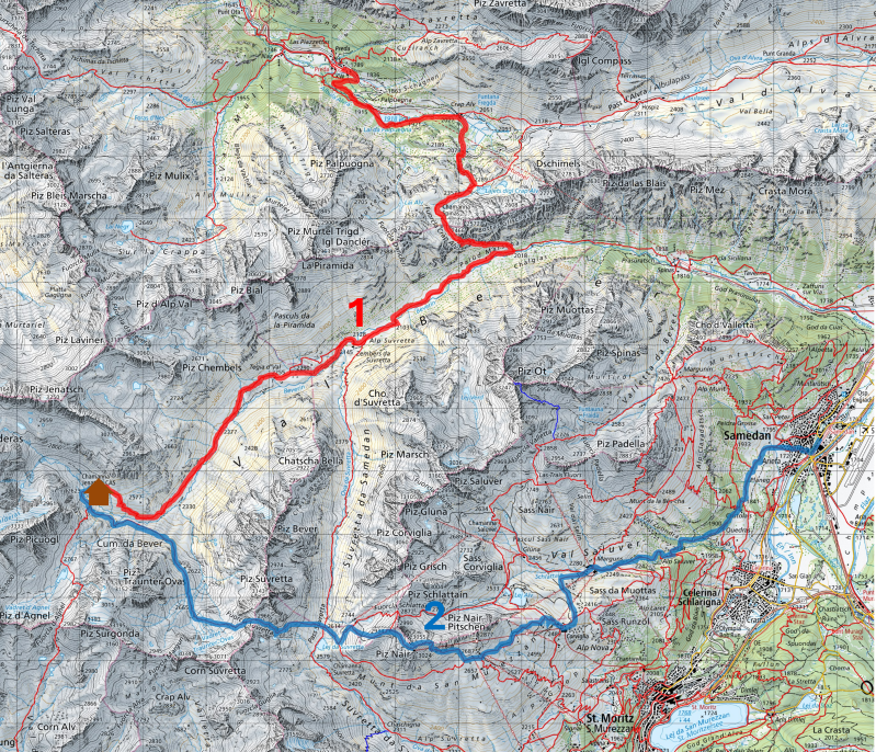 Karte der Tur von Preda über die Jenatschhütte nah Samedan via Lai da Palpuogne, Crap Alv Laiets, Palüd Marscha, Pass Suvretta, Piz Nair , Corviglia, Marguns