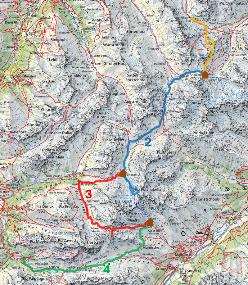 Karte Kesch-Trek, Hüttentour Graubünden