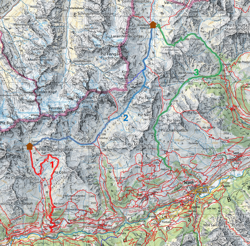 Karte Hüttentour Unterengadin Guarda - Scuol