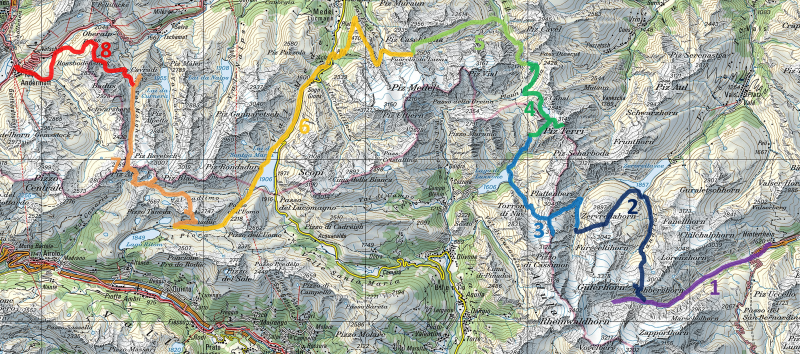 Rheinquellentour Hüttentour von Hinterrhein zum Vorderrhein Karte
