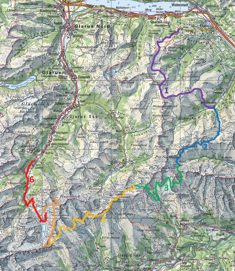 Karte Hochroute Glarner Alpen & Tage Flumserberg Linthal