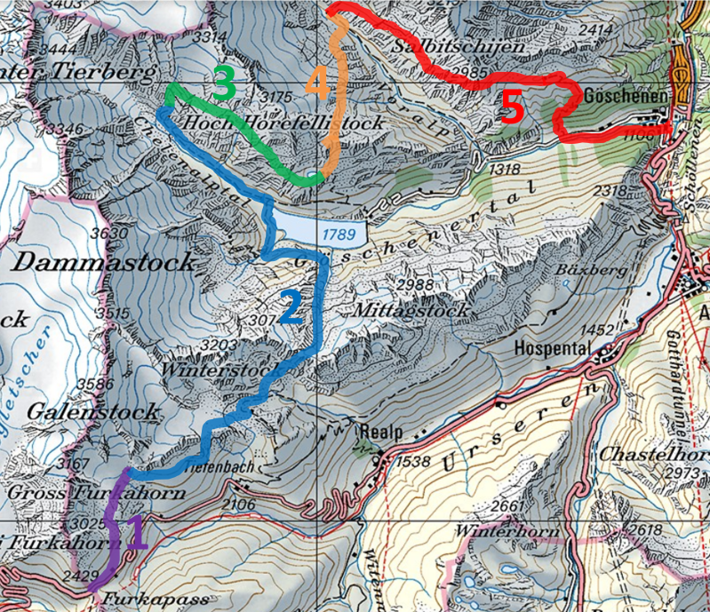 Übersichtskarte Hüttentour 18 alpine Runde ums Göschenertal