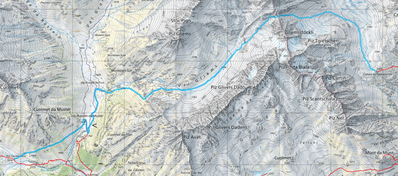 Kartenausschnitt Fuorcla da Punteglias Val Gliems, Alp Russein da Muster