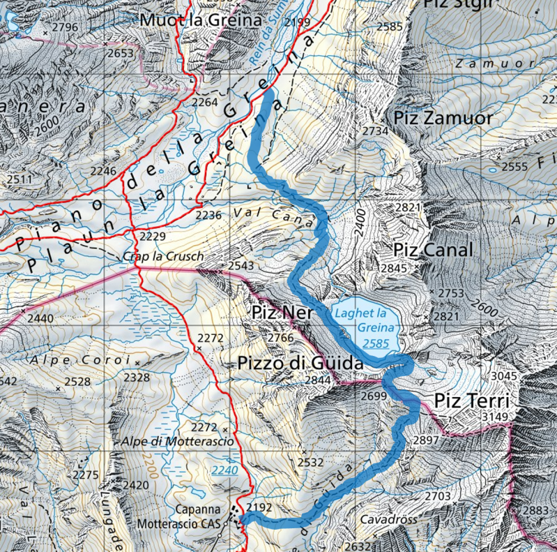 Kartenausschnitt Piano della Greina Laghet la Greina Capanna Motterascio CAS