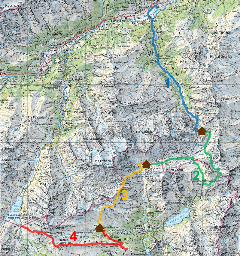 Übersichtskarte Hüttentour 24 Surselva - Greina - lukmanierpass