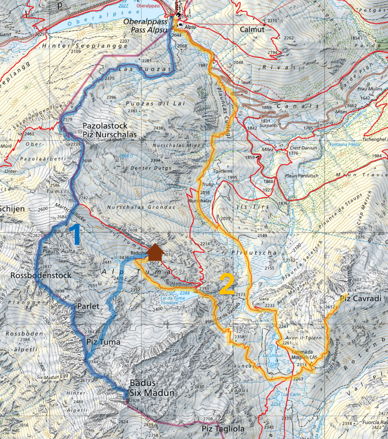 Karte Zweitageswanderung Badushütte über Pazolastock, Badus, Piz Cavradi und Camona da Maighels