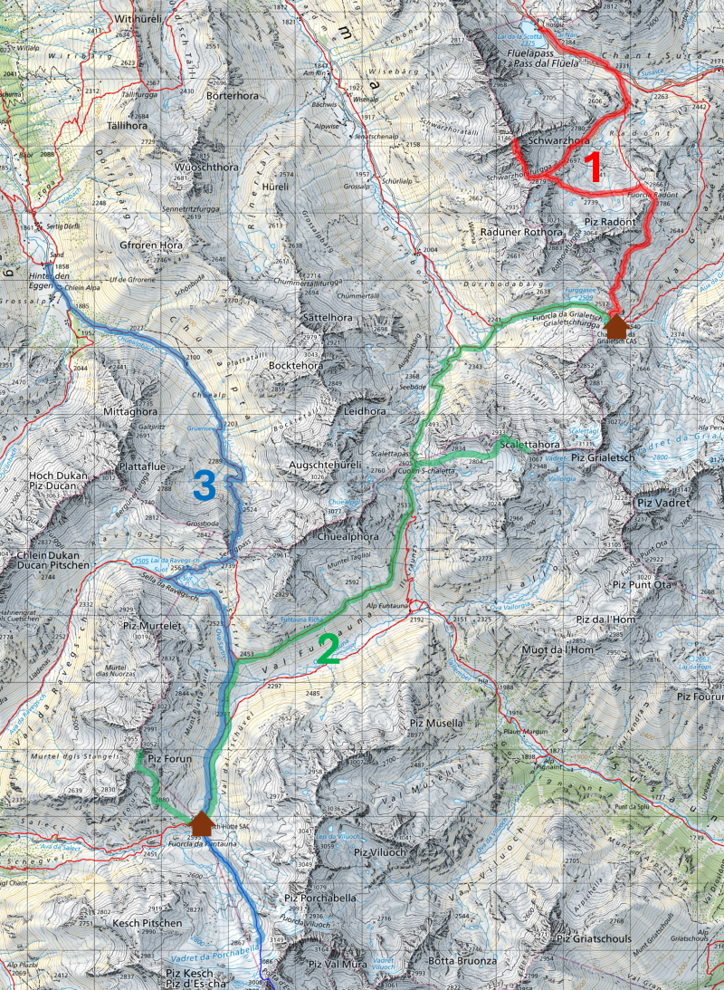 Karte Hüttentour Graubünden: Flüelapass - Grialetschhütte - Keschhütte - Sertig